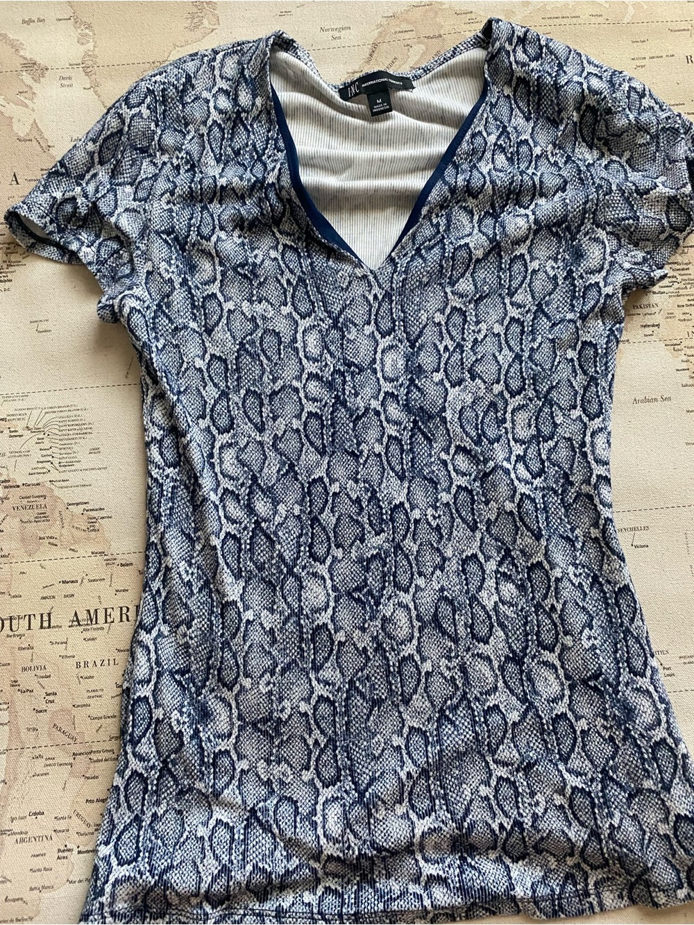 INC International Concepts Blue Snake-Print V-Neck Short Sleeve Top